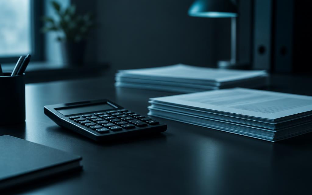 Calculadora e documentos sobre uma mesa, com luz fria
