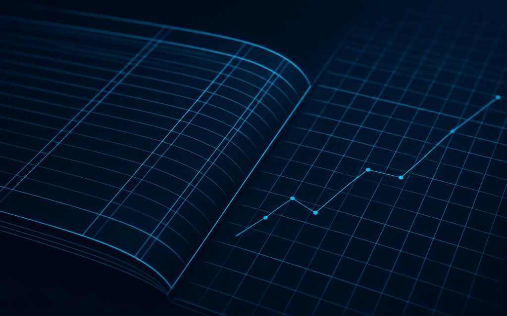 Livro contábil e gráfico em linhas azul sobre fundo escuro